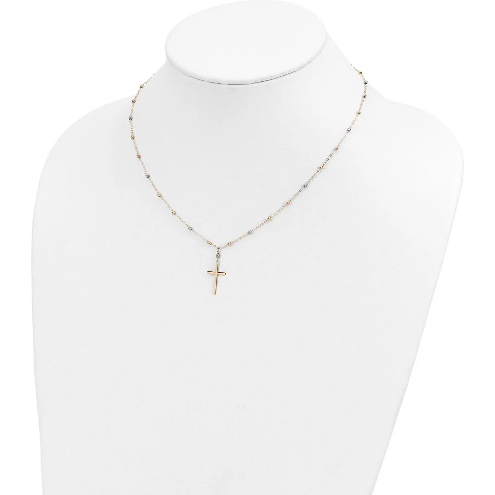 14K Tri-Color Diamond-Cut Beaded Chain Necklace with Polished Cross Pendant - 17" by Oro Pregiato - Image 4