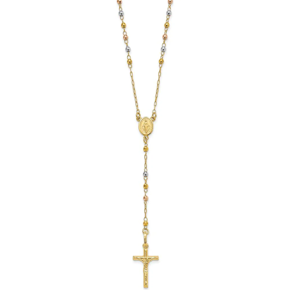 14K Tri-color Gold 24" Rosary Necklace with Polished Crucifix and Miraculous Medal by Oro Pregiato