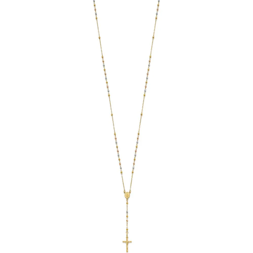 14K Tri-color Gold 24" Rosary Necklace with Polished Crucifix and Miraculous Medal by Oro Pregiato - Image 2