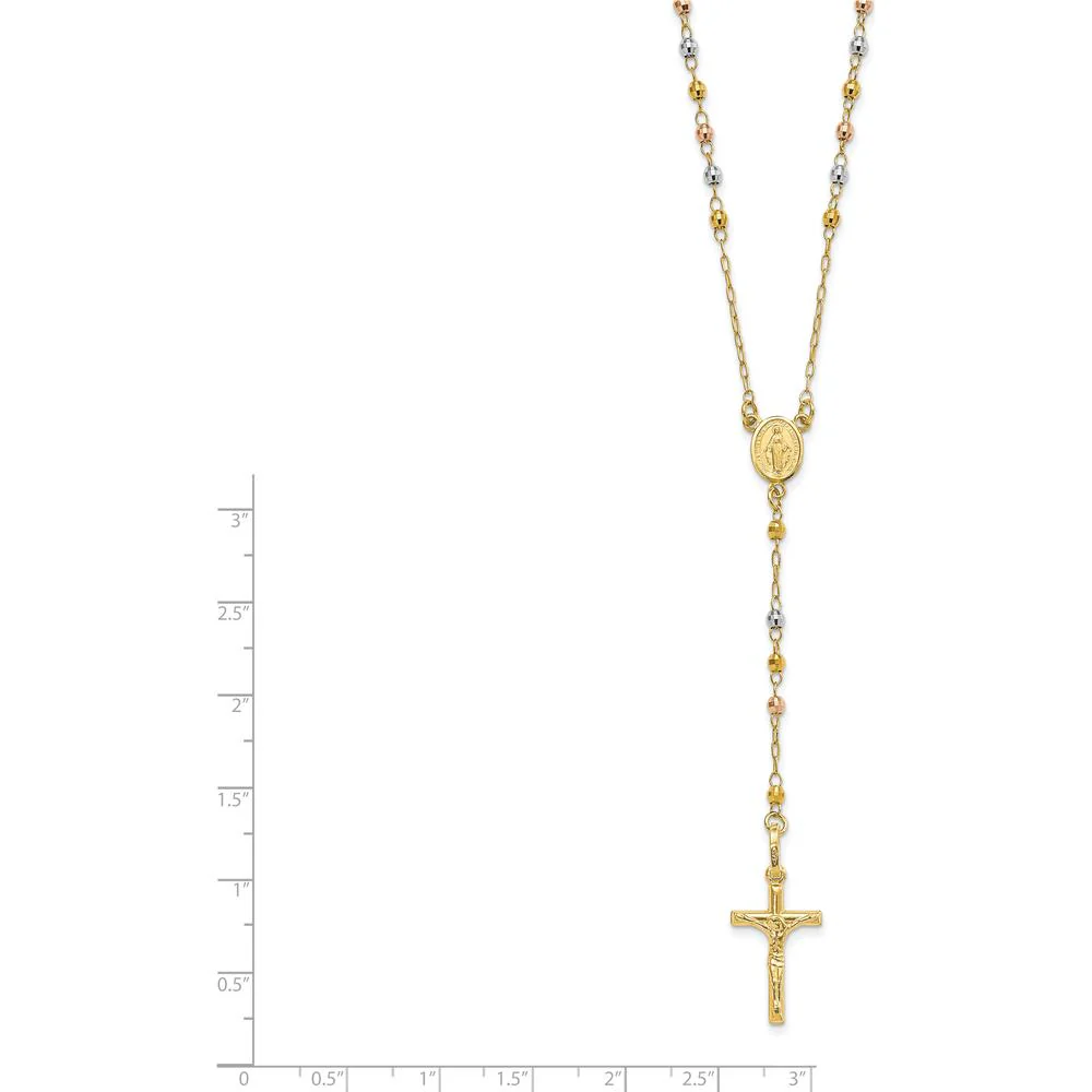 14K Tri-color Gold 24" Rosary Necklace with Polished Crucifix and Miraculous Medal by Oro Pregiato - Image 3