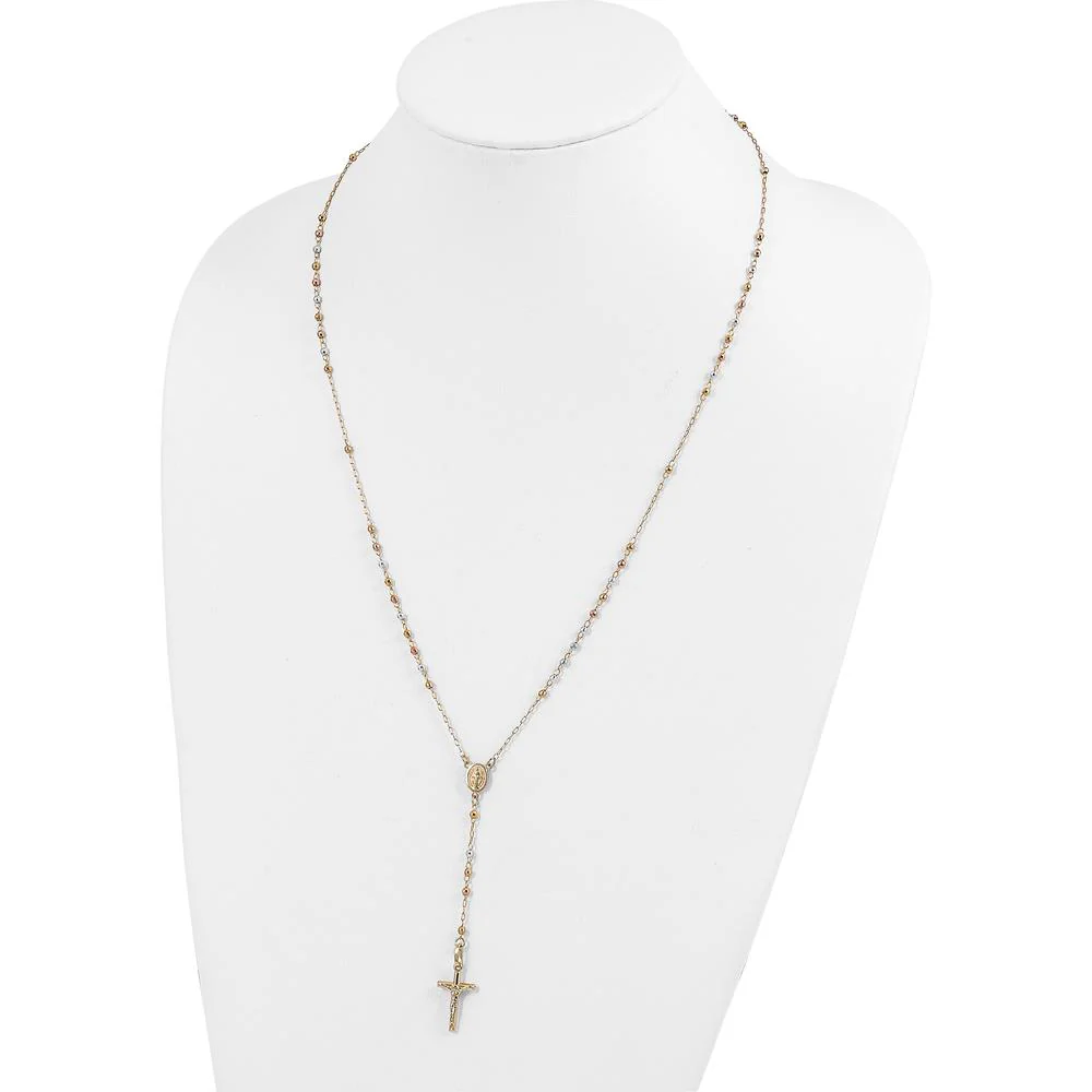 14K Tri-color Gold 24" Rosary Necklace with Polished Crucifix and Miraculous Medal by Oro Pregiato - Image 4
