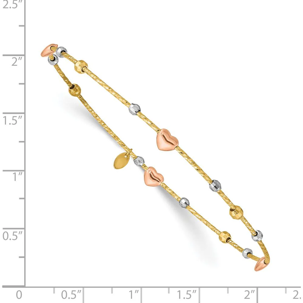 14K Tri-Color Gold Diamond-cut Heart and Beads Slip-on Bangle Bracelet by Oro Pregiato - Image 3