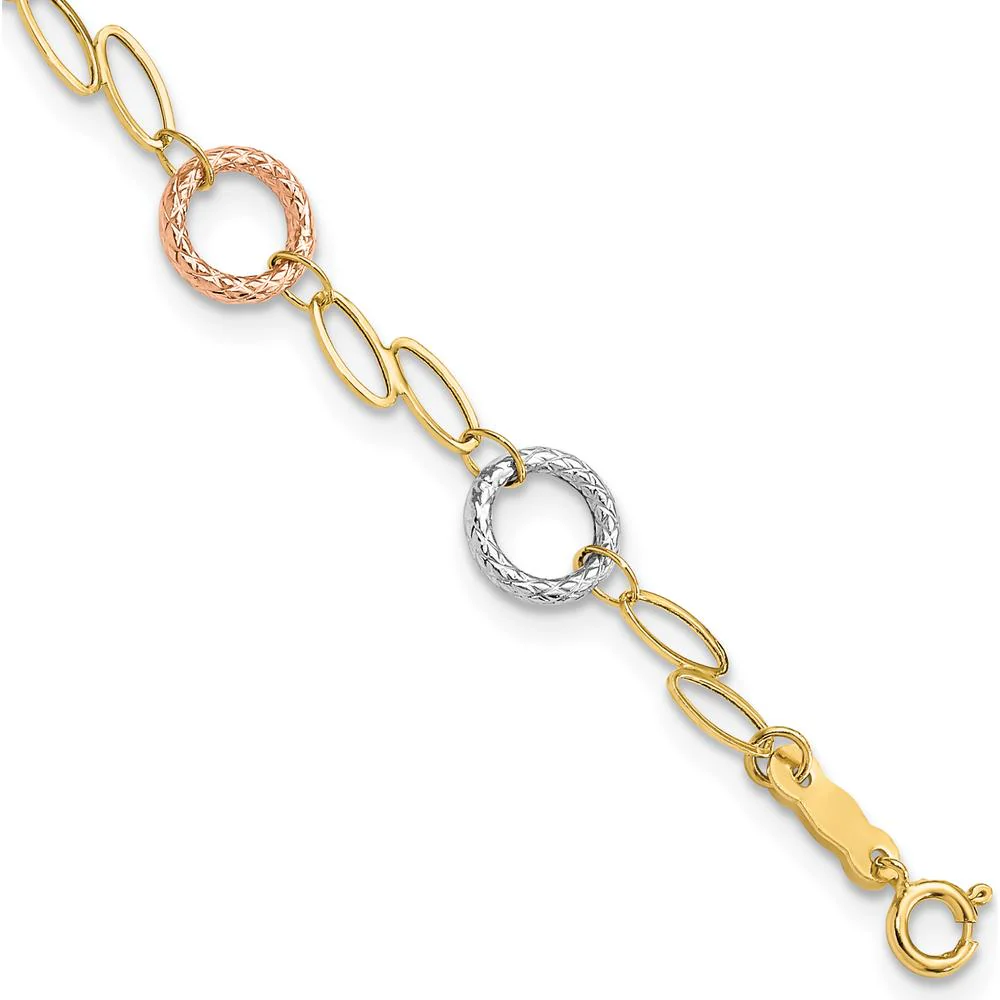 14K Tri-Color Gold Polished and Textured Round Circles and Ovals 7.25" Bracelet - Lightweight Luxury Design by Oro Pregiato