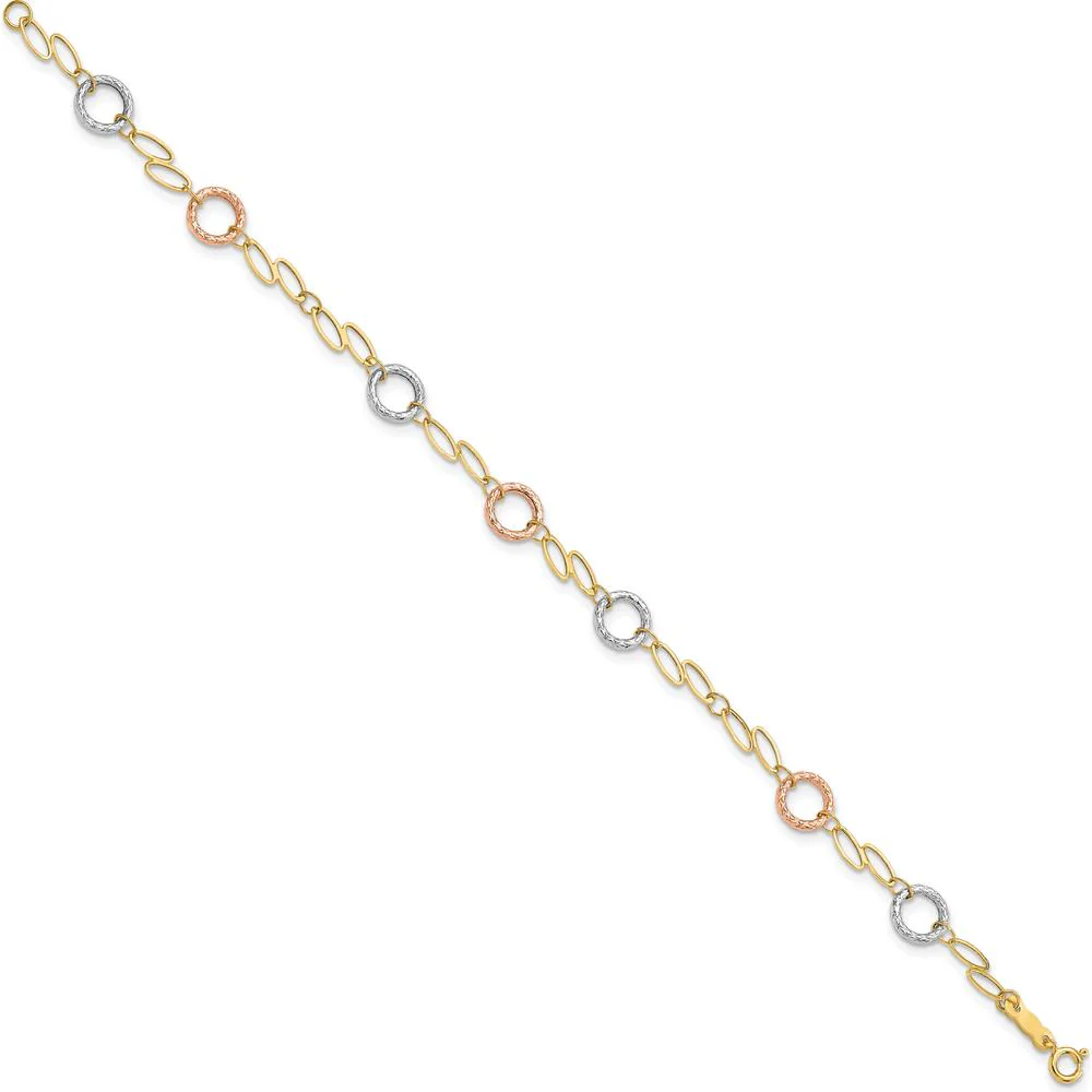 14K Tri-Color Gold Polished and Textured Round Circles and Ovals 7.25" Bracelet - Lightweight Luxury Design by Oro Pregiato - Image 2