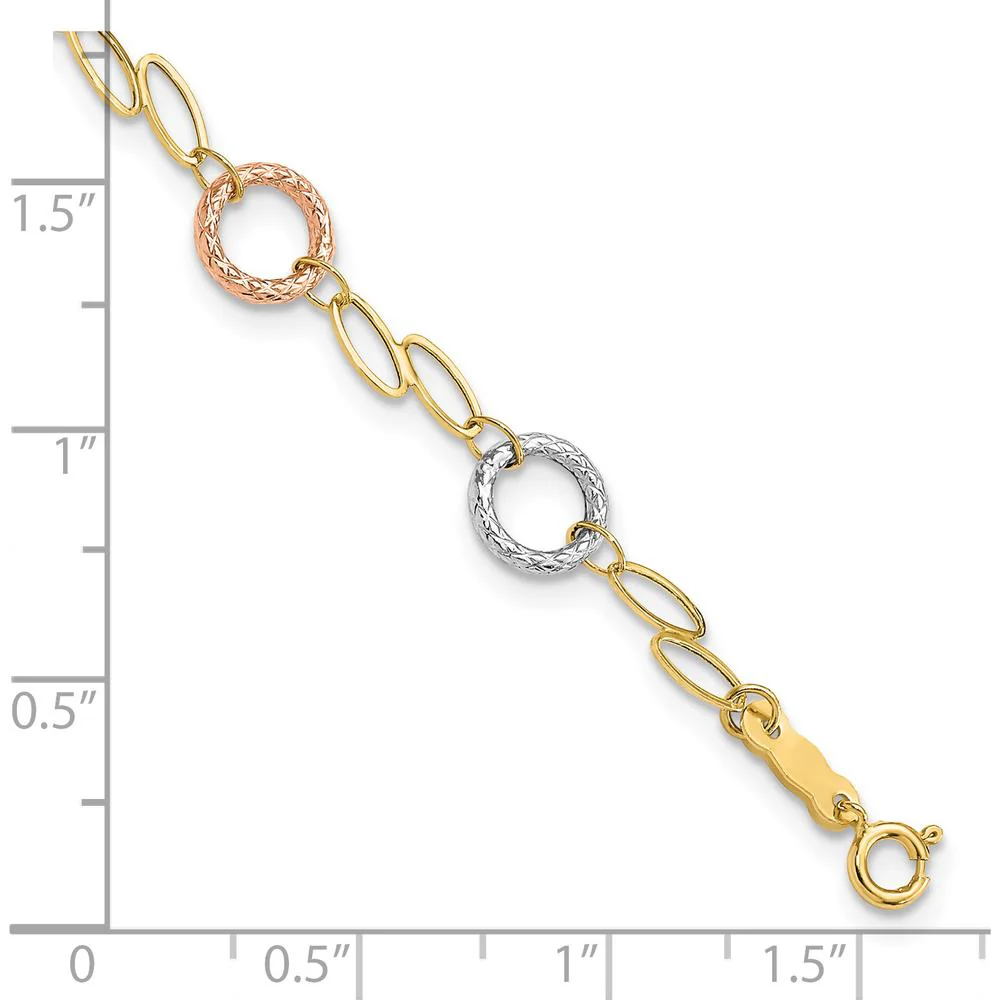 14K Tri-Color Gold Polished and Textured Round Circles and Ovals 7.25" Bracelet - Lightweight Luxury Design by Oro Pregiato - Image 3