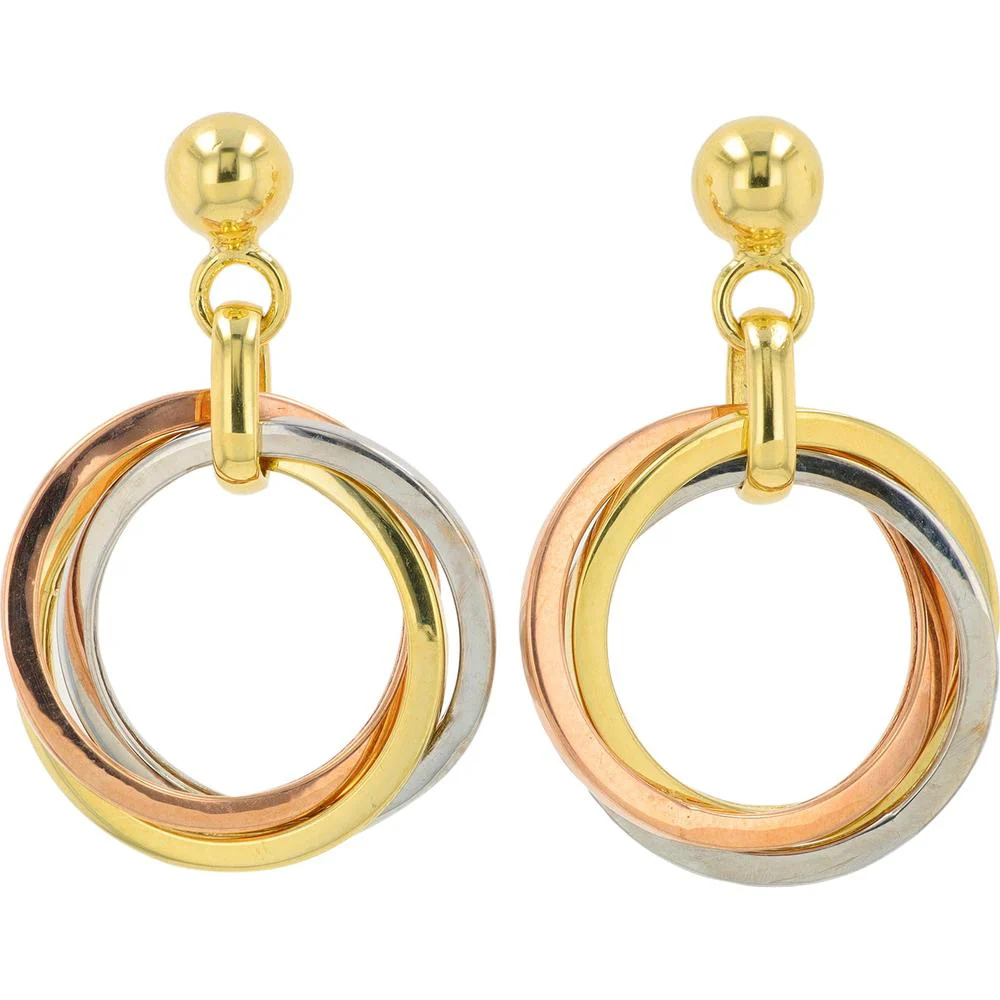 14K Tri - Tone Gold Crossover Circle Earrings - Timeless Design in Yellow, White & Rose Gold