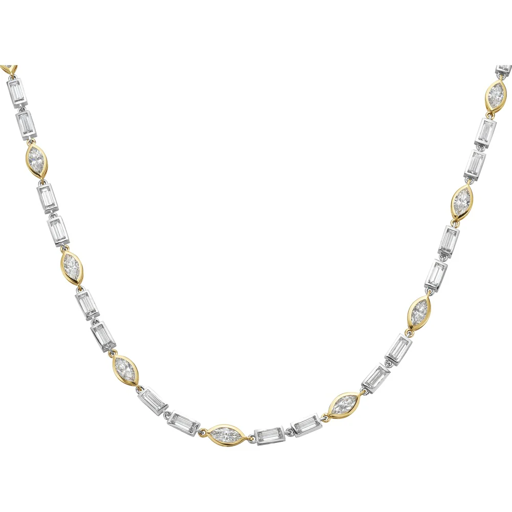 14K Two Tone 17" Tennis Necklace with Alternating Bezel Set Marquise and Baguette Lab Diamonds - 11.60 Carat Total Diamond Weight - Covaloro Fine Jewelry