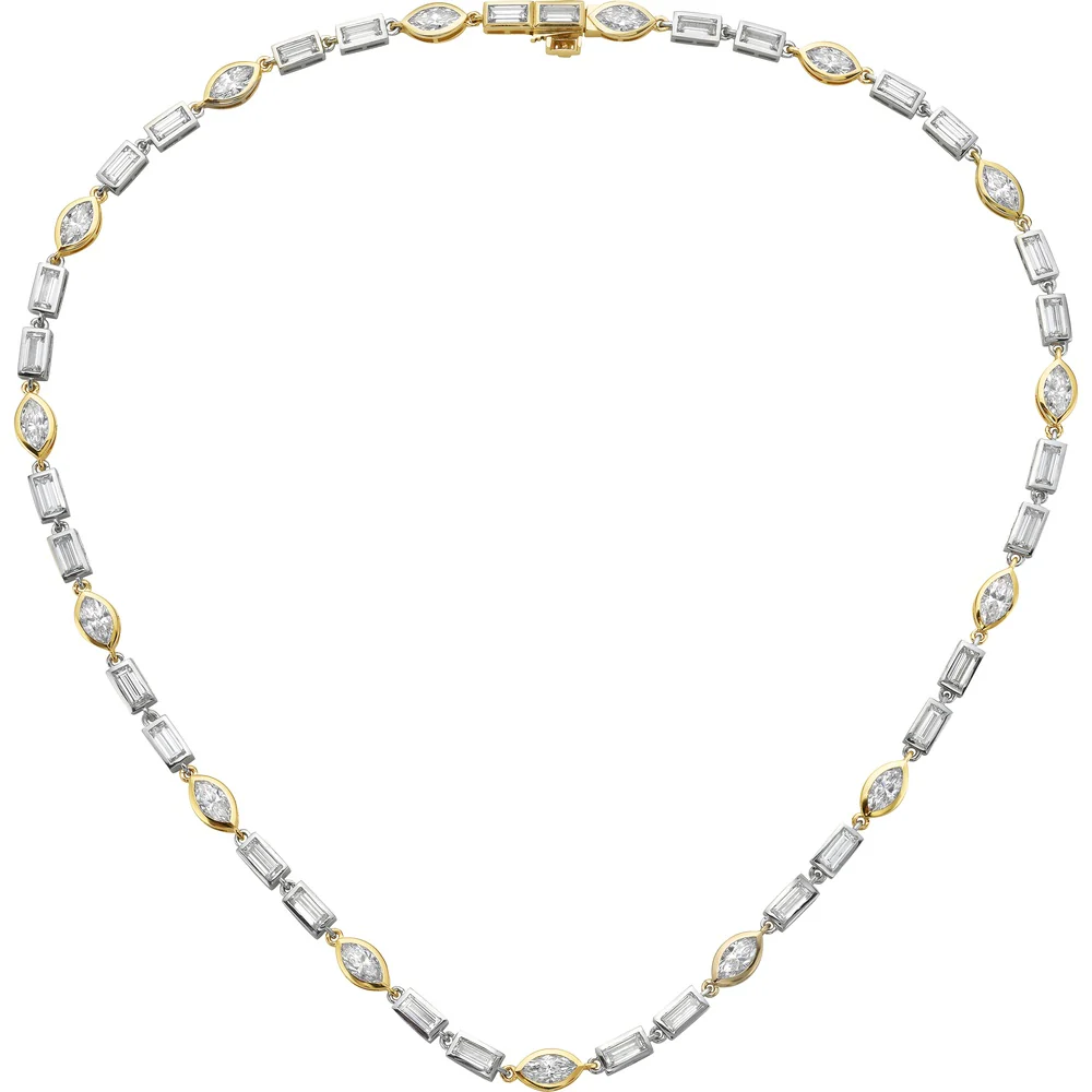 14K Two Tone 17" Tennis Necklace with Alternating Bezel Set Marquise and Baguette Lab Diamonds - 11.60 Carat Total Diamond Weight - Covaloro Fine Jewelry - Image 2
