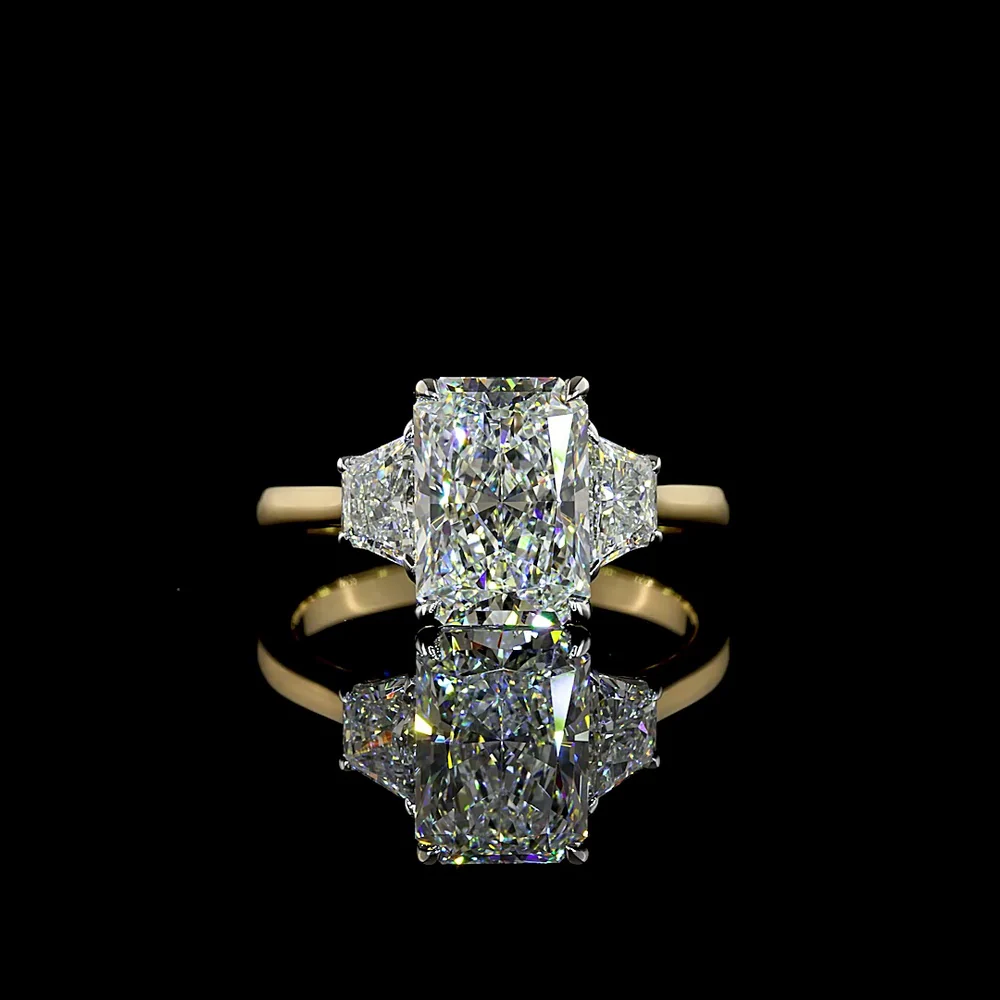14K Two Tone 3 Stone Ring with 2.54 Carat Radiant Cut Lab Diamond and 0.63 Carat Trapezoid Side Stones - 3.17 Total Carat Weight - Covaloro Fine Jewelry
