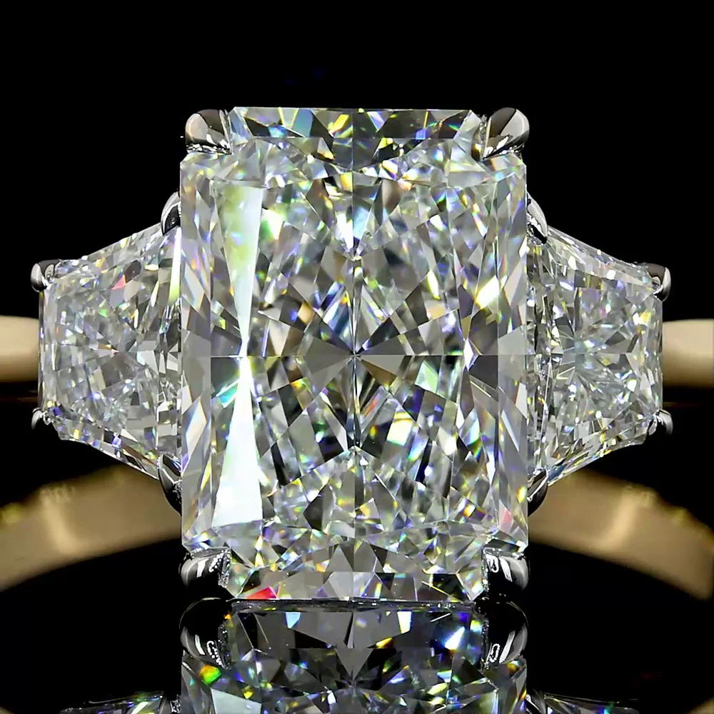 14K Two Tone 3 Stone Ring with 2.54 Carat Radiant Cut Lab Diamond and 0.63 Carat Trapezoid Side Stones - 3.17 Total Carat Weight - Covaloro Fine Jewelry - Image 2