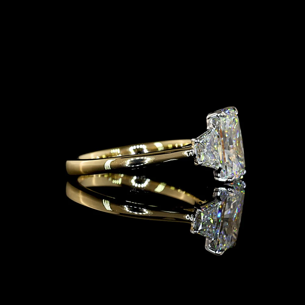 14K Two Tone 3 Stone Ring with 2.54 Carat Radiant Cut Lab Diamond and 0.63 Carat Trapezoid Side Stones - 3.17 Total Carat Weight - Covaloro Fine Jewelry - Image 3