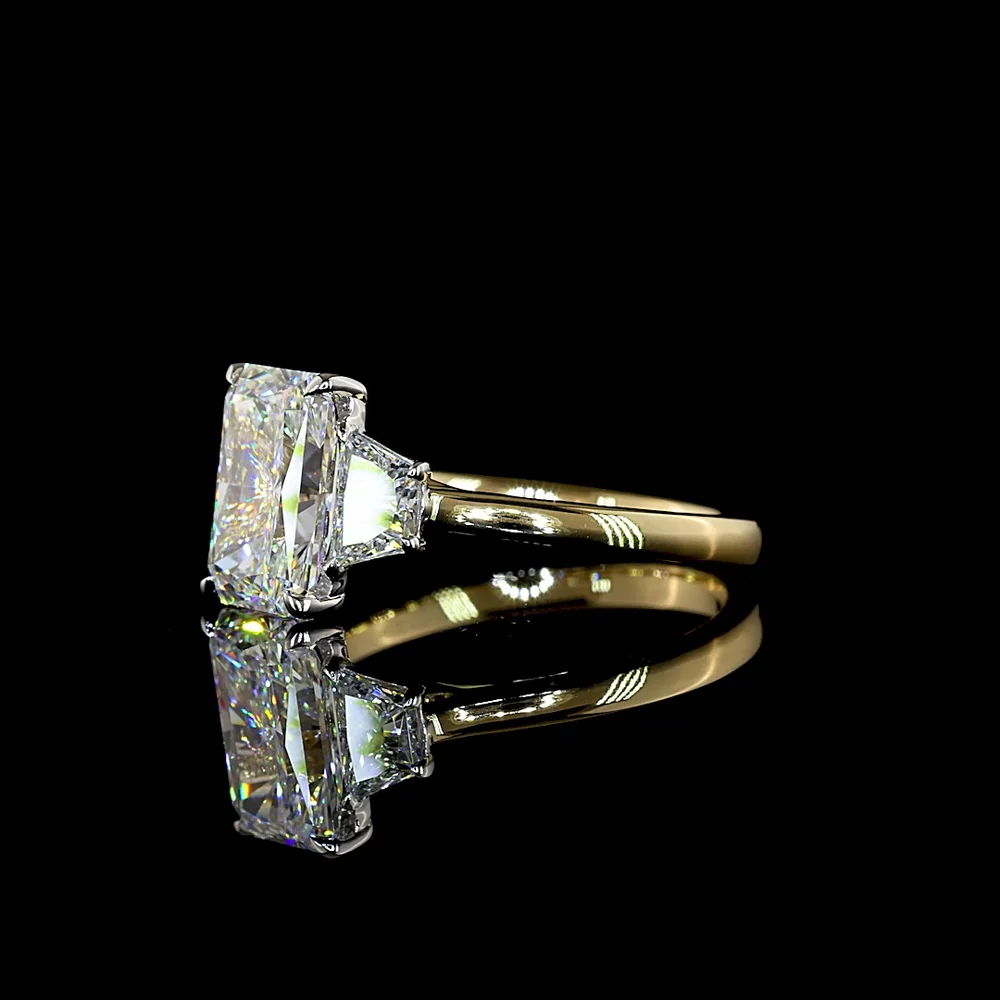 14K Two Tone 3 Stone Ring with 2.54 Carat Radiant Cut Lab Diamond and 0.63 Carat Trapezoid Side Stones - 3.17 Total Carat Weight - Covaloro Fine Jewelry - Image 4