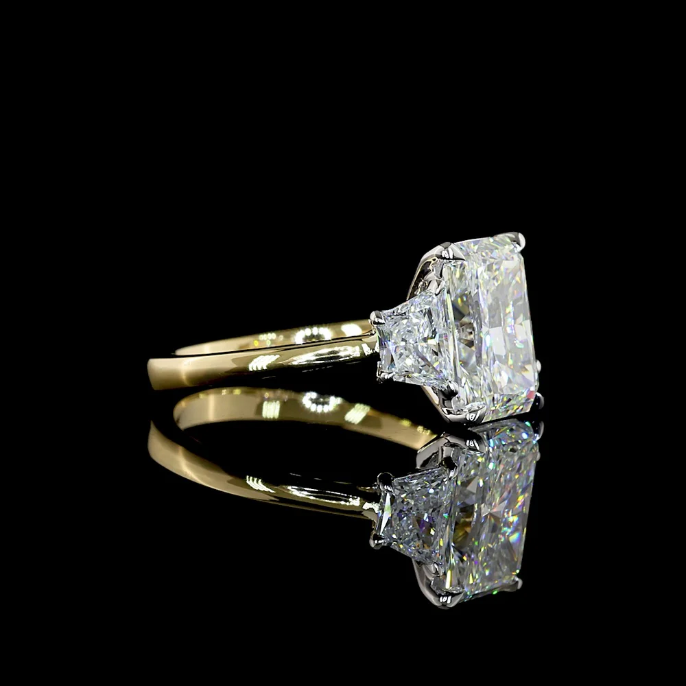 14K Two Tone 3 Stone Ring with 3.01 Carat Radiant Cut Lab Diamond and 0.88 Carat Trapezoid Side Stones - 3.89 Carat Total Diamond Weight IGI Certified - Covaloro Fine Jewelry - Image 2