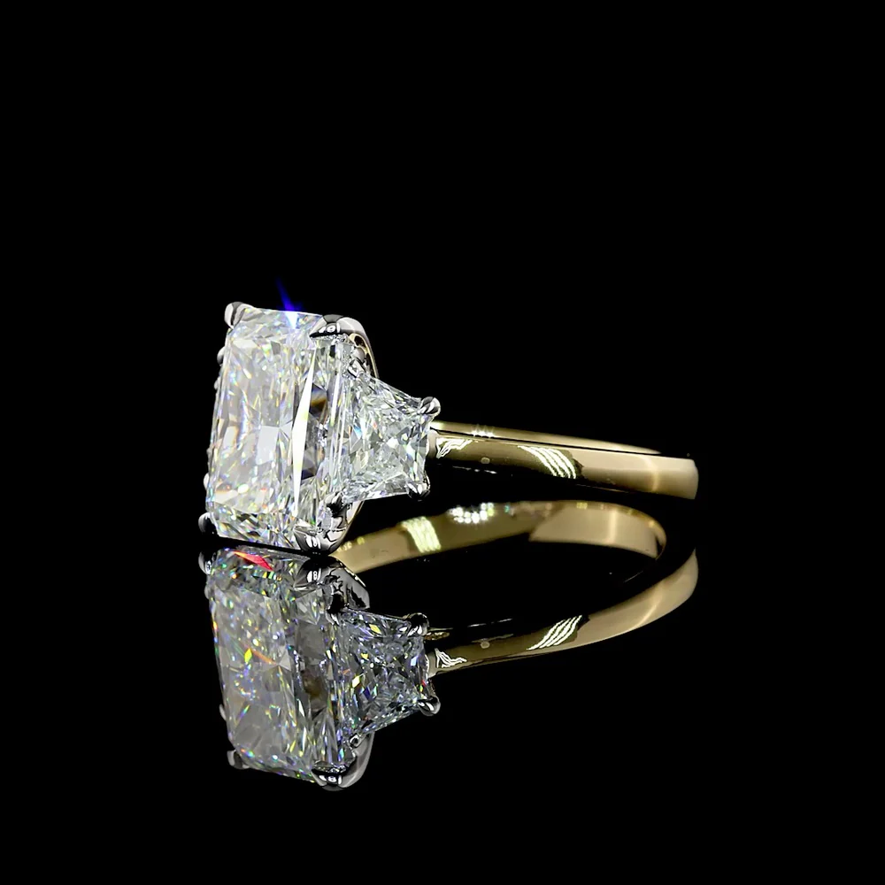 14K Two Tone 3 Stone Ring with 3.01 Carat Radiant Cut Lab Diamond and 0.88 Carat Trapezoid Side Stones - 3.89 Carat Total Diamond Weight IGI Certified - Covaloro Fine Jewelry - Image 3