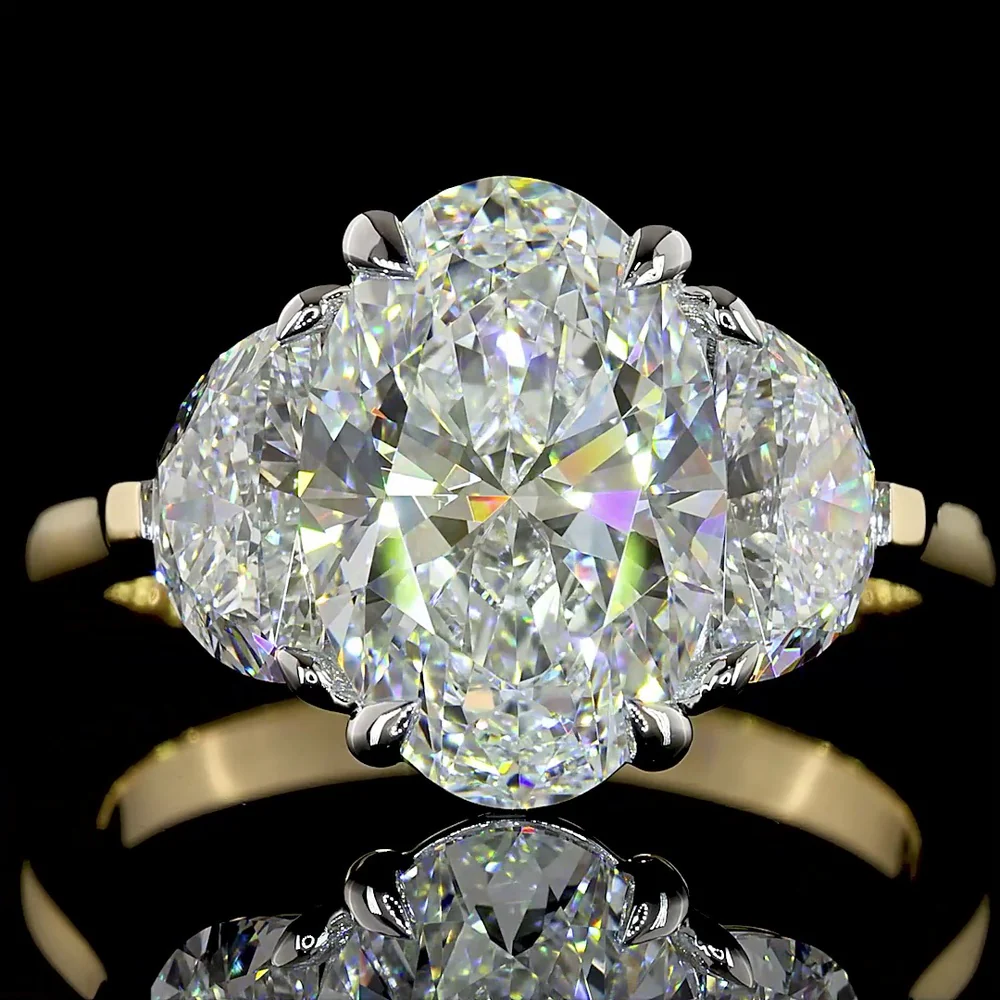 14K Two Tone 4.52 Carat Three Stone Ring with Oval Cut Lab Diamond and Half-Moon Side Stones - IGI Certified D VVS2 - Covaloro Fine Jewelry - Image 2