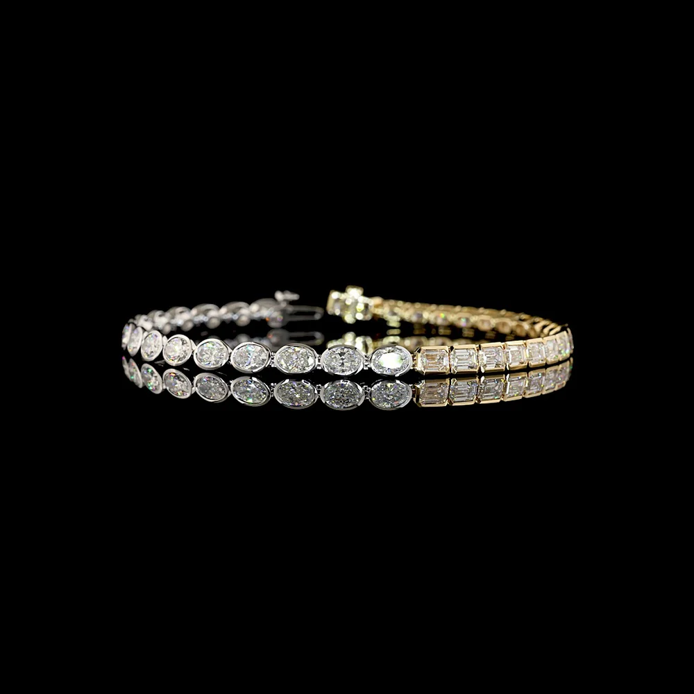14K Two Tone 7.81 Carat Tennis Bracelet with East-West Oval and Emerald Cut Lab Diamonds in Half Bezel Settings - Covaloro Fine Jewelry