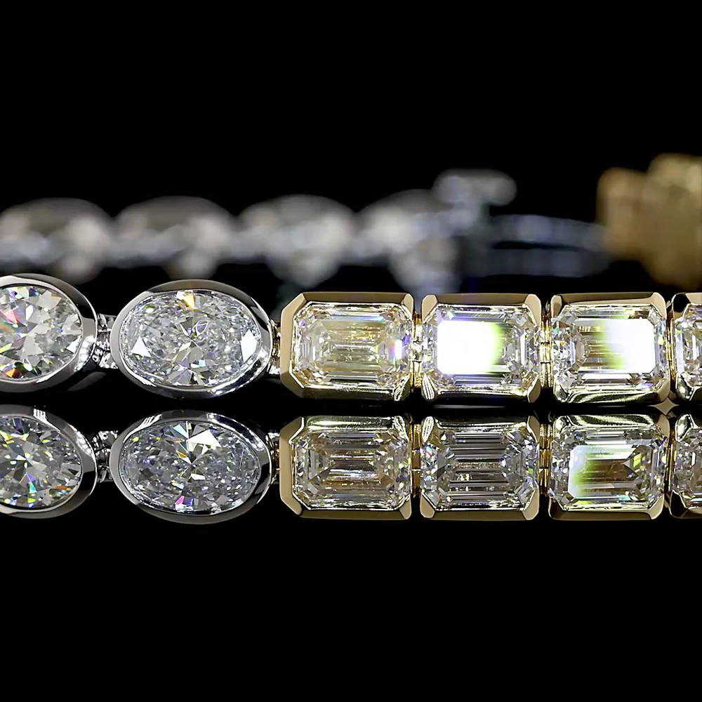14K Two Tone 7.81 Carat Tennis Bracelet with East-West Oval and Emerald Cut Lab Diamonds in Half Bezel Settings - Covaloro Fine Jewelry - Image 2
