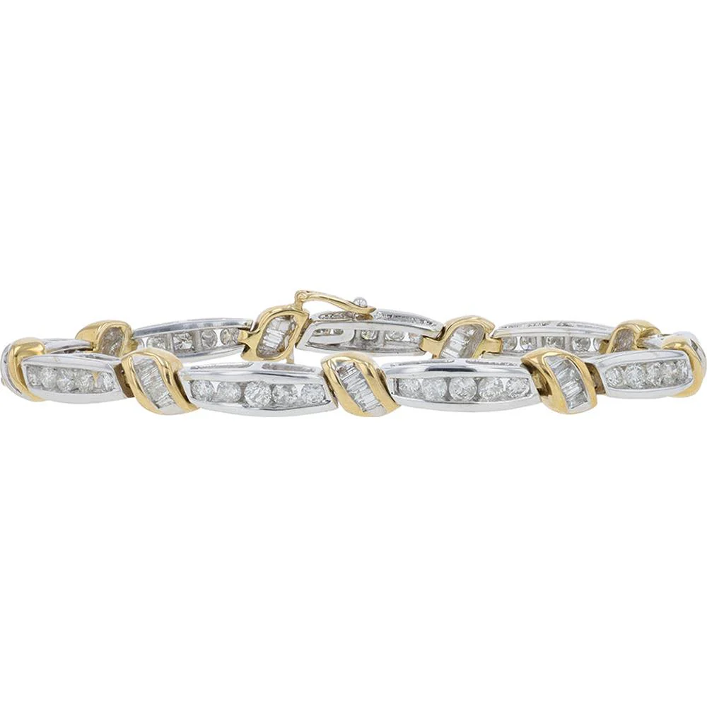 14K Two-Tone 7" Diamond Bracelet with Channel - Set Round and Baguette Diamonds - 4.00 Carat Total Diamond Weight