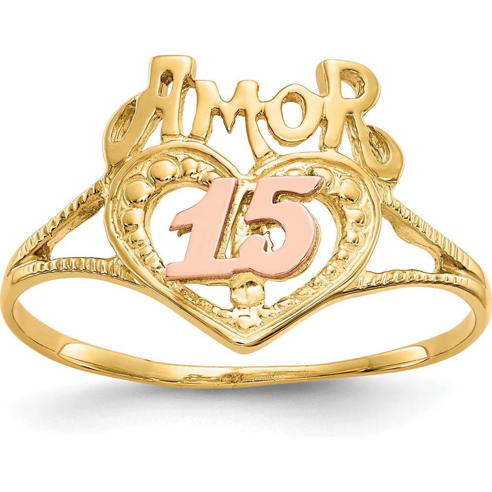 14K Two-Tone Amor Heart Ring with "15" in Rose Gold - Milestone Jewelry Piece - Size 7 by Oro Pregiato