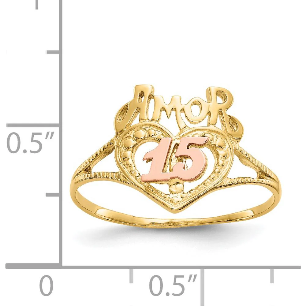 14K Two-Tone Amor Heart Ring with "15" in Rose Gold - Milestone Jewelry Piece - Size 7 by Oro Pregiato - Image 3