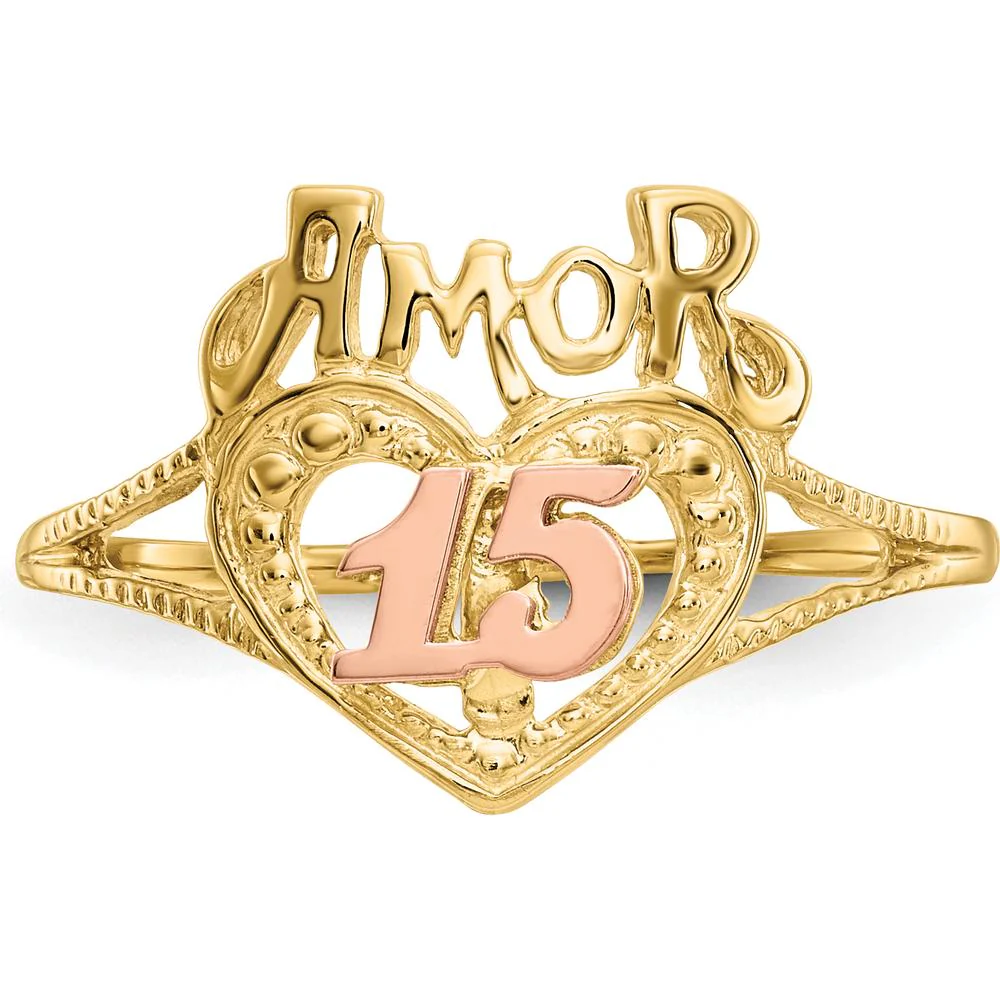 14K Two-Tone Amor Heart Ring with "15" in Rose Gold - Milestone Jewelry Piece - Size 7 by Oro Pregiato - Image 5