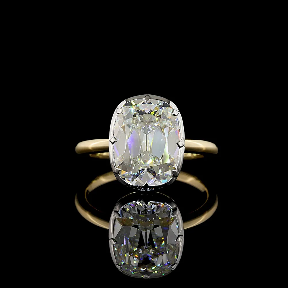 14K Two Tone Antique Cushion Cut Lab Diamond Solitaire Ring - 4.18 Carat E-F Color VVS2 Clarity with Bezel-Prong Setting - Covaloro Fine Jewelry