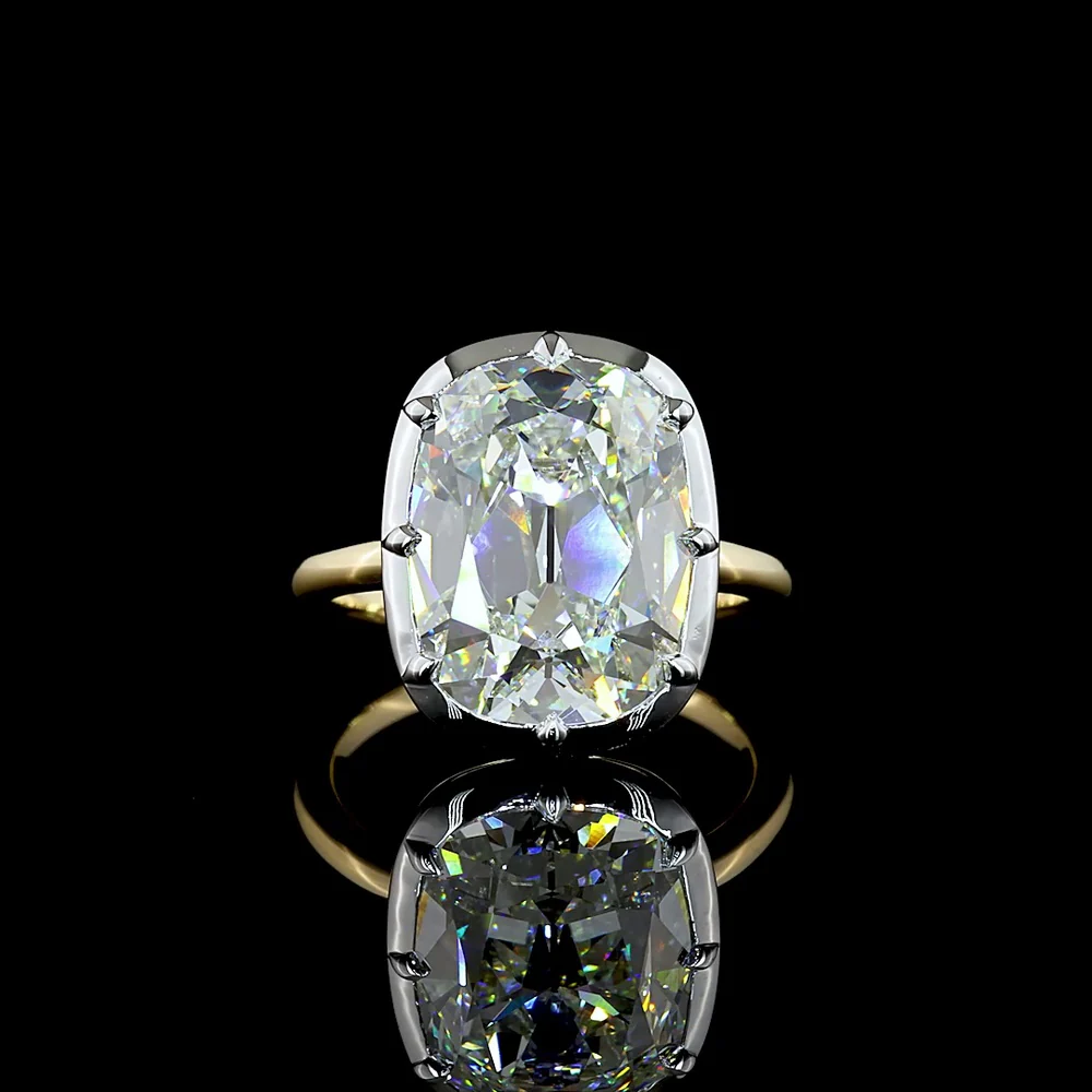 14K Two Tone Antique Cushion Cut Lab Diamond Solitaire Ring - 7.20 Carat Total Weight, E-F Color, VVS2 Clarity, IGI Certified - Covaloro Fine Jewelry