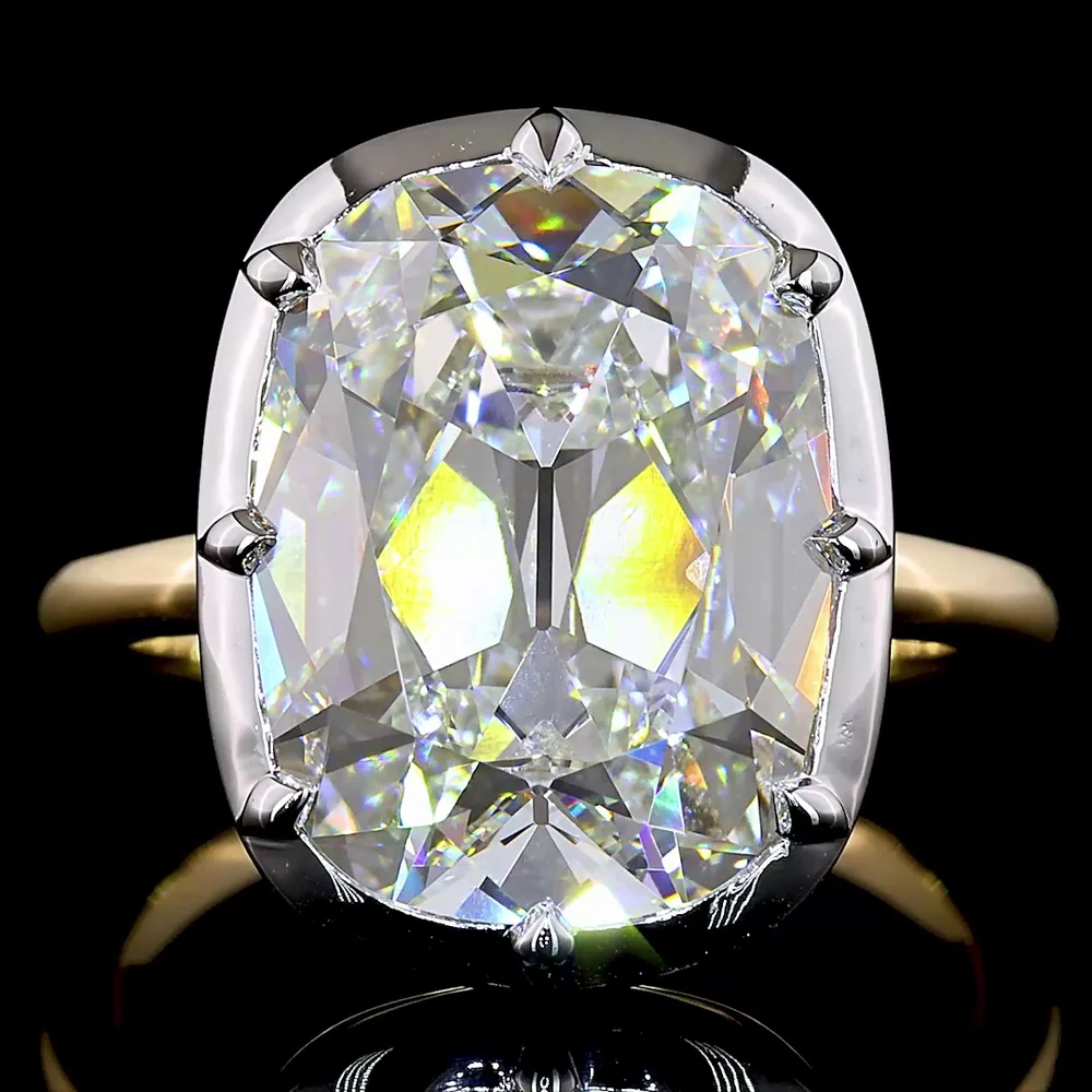 14K Two Tone Antique Cushion Cut Lab Diamond Solitaire Ring - 7.20 Carat Total Weight, E-F Color, VVS2 Clarity, IGI Certified - Covaloro Fine Jewelry - Image 2