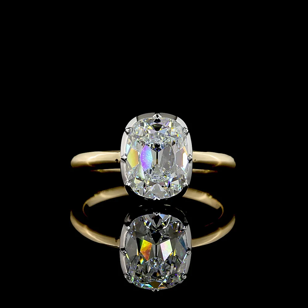 14K Two Tone Antique Cushion Cut Solitaire Ring with E VVS2 Lab Diamond - 2.04 Carat Total Diamond Weight - Covaloro Fine Jewelry