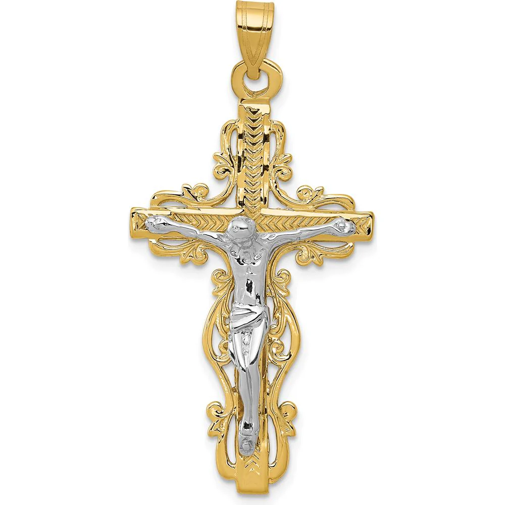 14K Two-Tone Diamond-cut Crucifix Pendant - 46mm Length by Oro Pregiato