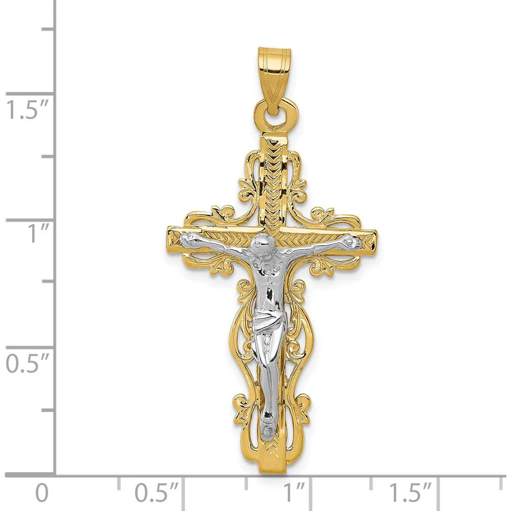 14K Two-Tone Diamond-cut Crucifix Pendant - 46mm Length by Oro Pregiato - Image 3