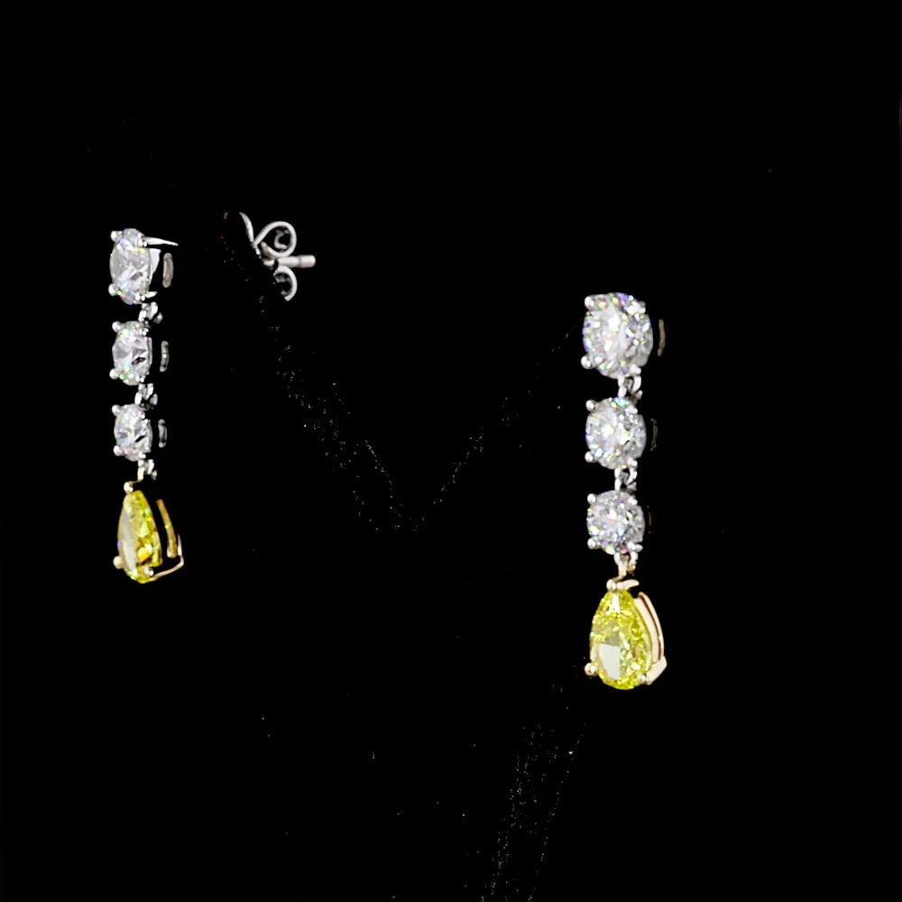 14K Two Tone Drop Earrings with Fancy Vivid Yellow Pear Shaped Lab Diamonds and Round Brilliant White Diamonds - 2.51 Carats Total Diamond Weight - Covaloro Fine Jewelry - Image 3