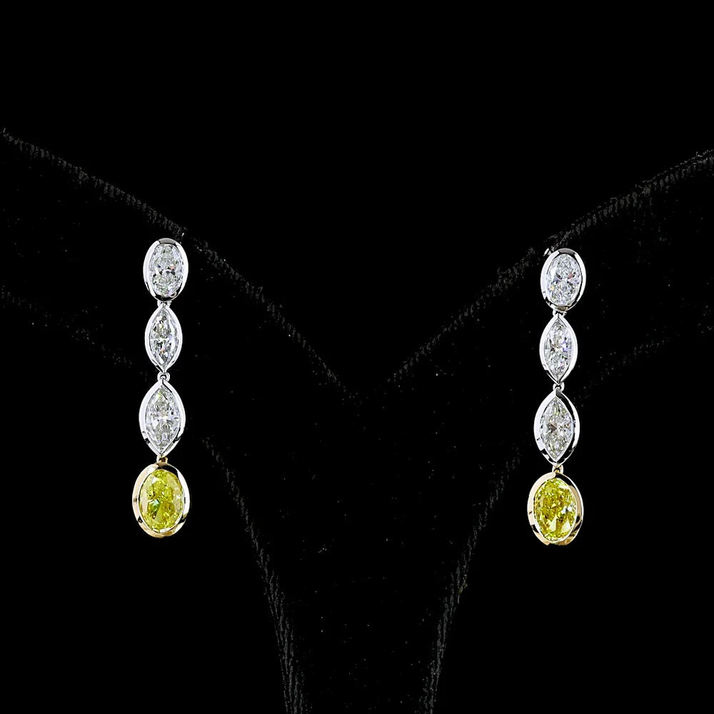 14K Two Tone Drop Earrings with Marquise Cut E VS White Diamonds and Oval Cut Fancy Vivid Yellow Lab Diamonds - 3.55 Carat Total Weight - Covaloro Fine Jewelry