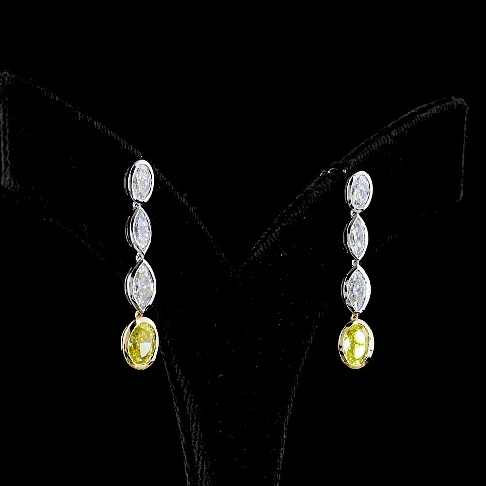 14K Two Tone Drop Earrings with Marquise Cut E VS White Diamonds and Oval Cut Fancy Vivid Yellow Lab Diamonds - 3.55 Carat Total Weight - Covaloro Fine Jewelry - Image 3