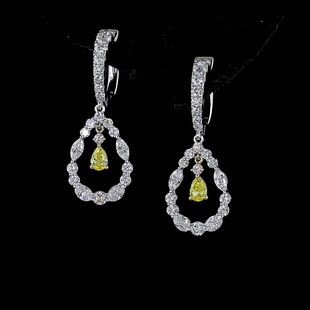 14K Two Tone Drop Earrings with Pear Shape Fancy Vivid Yellow Lab Diamonds and Mixed Marquise & Oval Clear Diamonds - 2.06 Total Carat Weight - Covaloro Fine Jewelry - Image 2