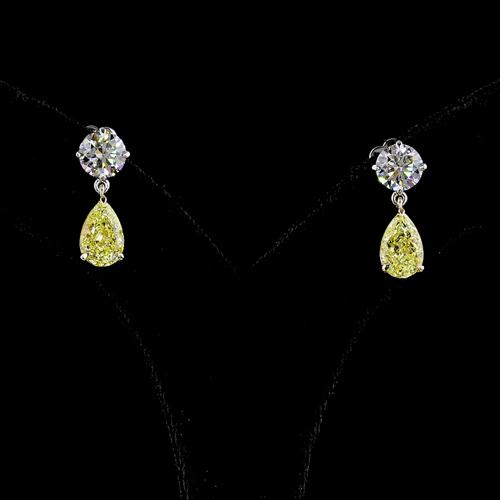 14K Two Tone Drop Earrings with Round Brilliant E VS1 and Pear Cut Fancy Vivid Yellow Lab Diamonds - 5.17 Carats Total Diamond Weight - Covaloro Fine Jewelry