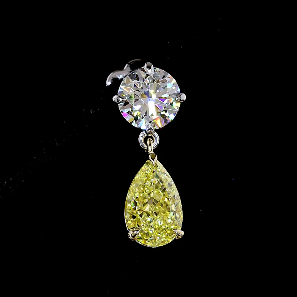 14K Two Tone Drop Earrings with Round Brilliant E VS1 and Pear Cut Fancy Vivid Yellow Lab Diamonds - 5.17 Carats Total Diamond Weight - Covaloro Fine Jewelry - Image 2