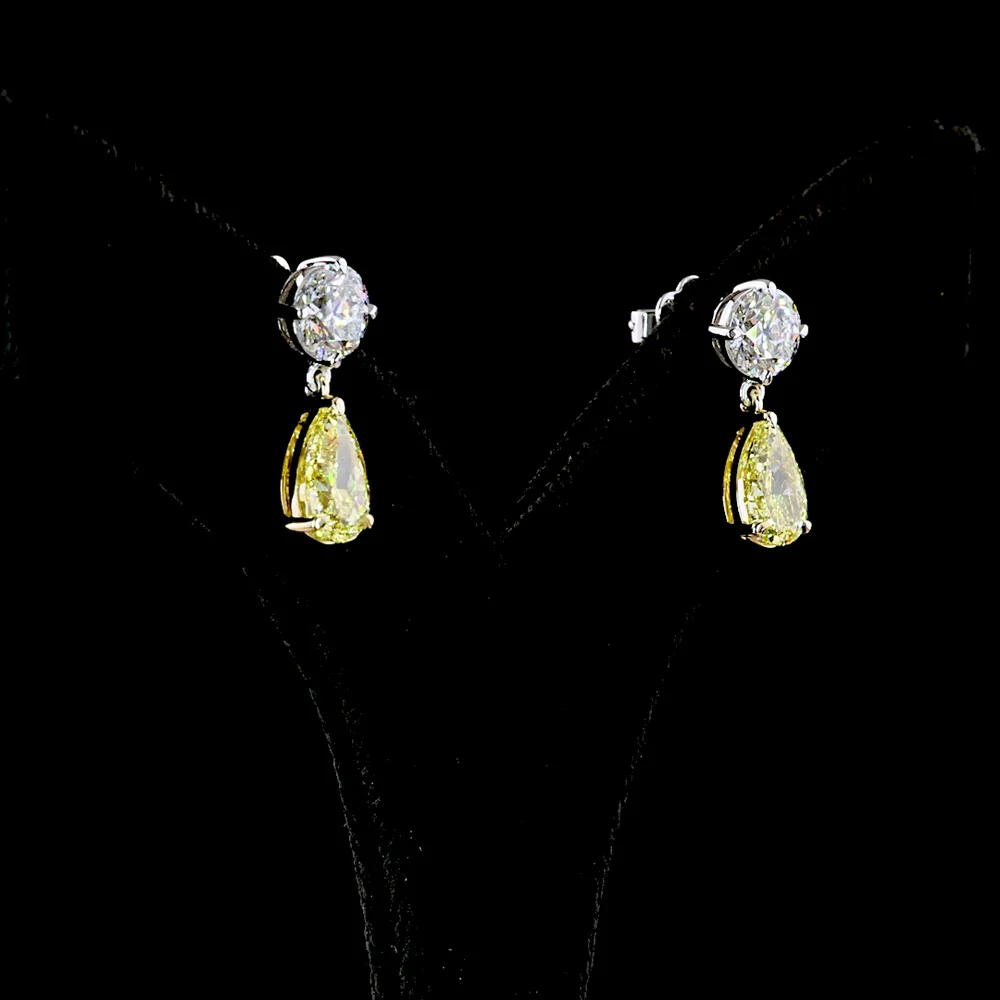 14K Two Tone Drop Earrings with Round Brilliant E VS1 and Pear Cut Fancy Vivid Yellow Lab Diamonds - 5.17 Carats Total Diamond Weight - Covaloro Fine Jewelry - Image 3