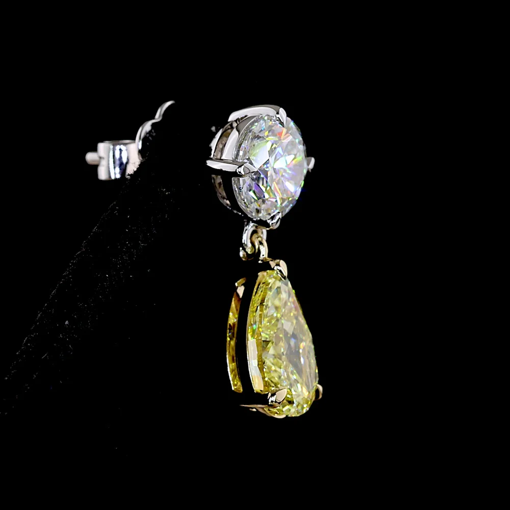 14K Two Tone Drop Earrings with Round Brilliant E VS1 and Pear Cut Fancy Vivid Yellow Lab Diamonds - 5.17 Carats Total Diamond Weight - Covaloro Fine Jewelry - Image 4