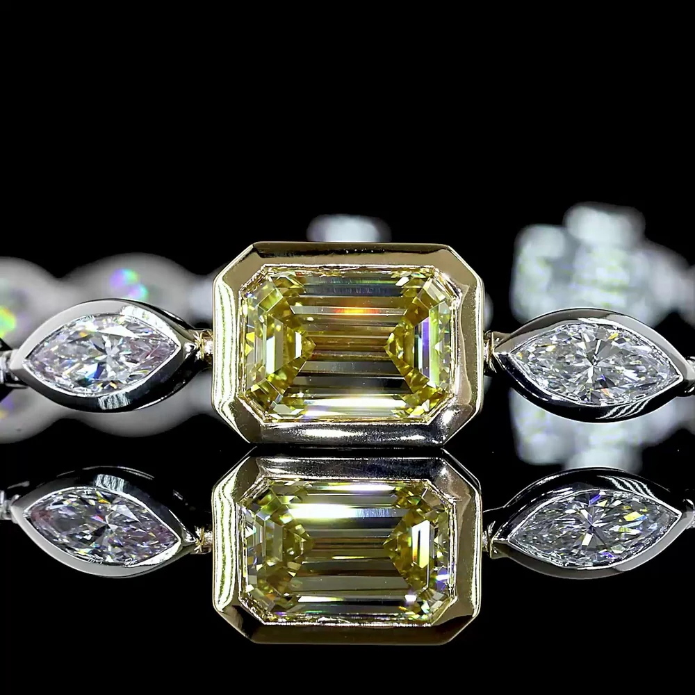 14K Two Tone East-West Tennis Bracelet with 1.55 Carats Fancy Vivid Yellow Emerald Cut Lab Diamond and 4.54 Carats Marquise Diamonds - 6.09 Carats Total Diamond Weight - Covaloro Fine Jewelry - Image 2