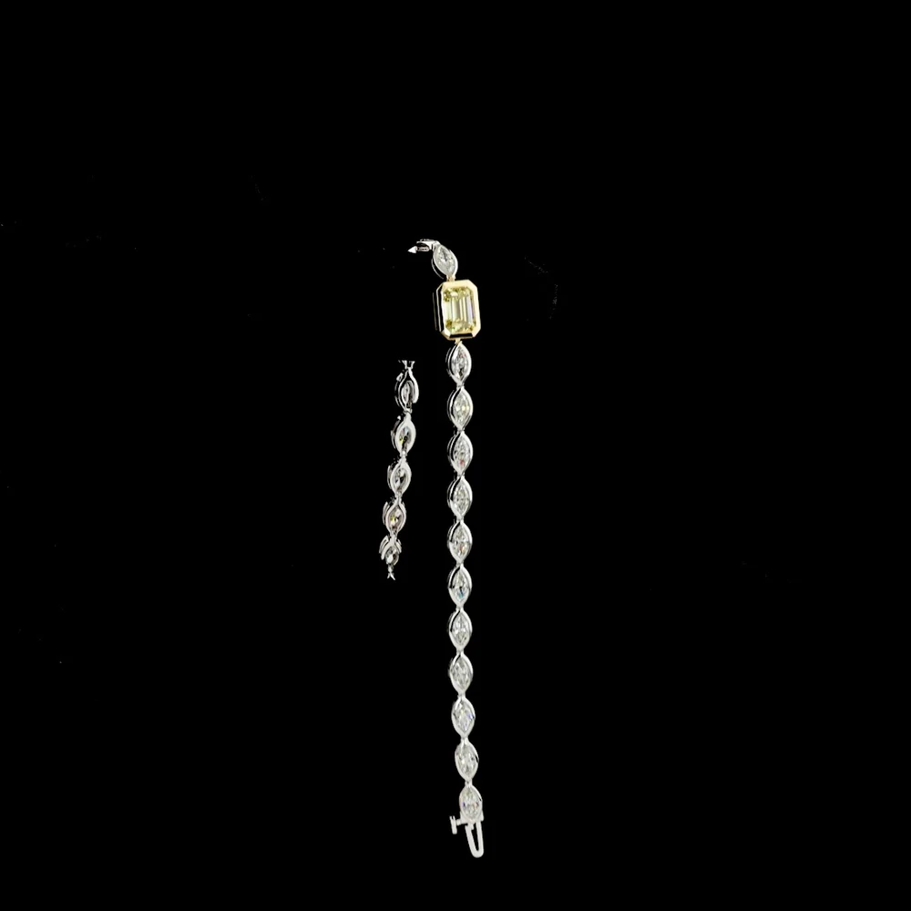 14K Two Tone East-West Tennis Bracelet with 1.55 Carats Fancy Vivid Yellow Emerald Cut Lab Diamond and 4.54 Carats Marquise Diamonds - 6.09 Carats Total Diamond Weight - Covaloro Fine Jewelry - Image 3