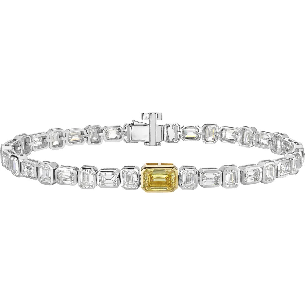 14K Two Tone Emerald Cut Station Line Tennis Bracelet with Fancy Vivid Yellow Lab Diamond Center - 7.72 Carats Total Diamond Weight - Covaloro Fine Jewelry