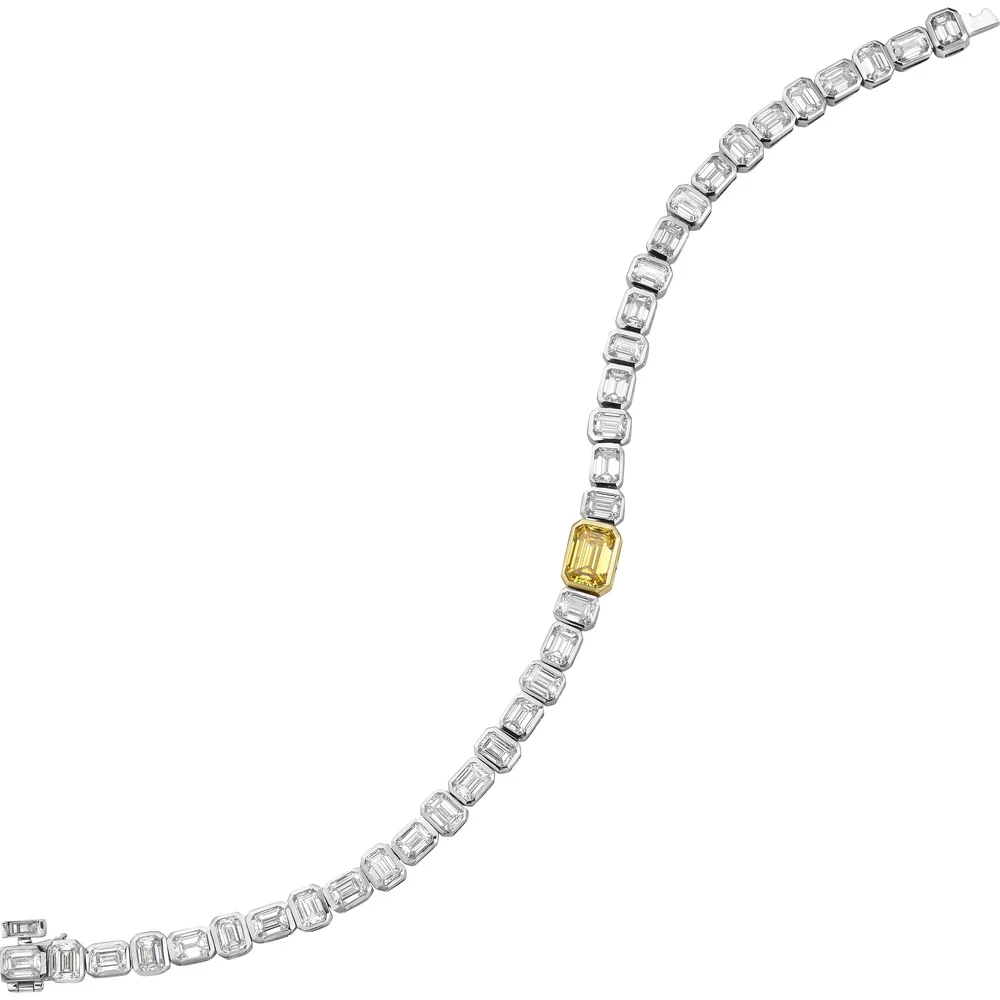 14K Two Tone Emerald Cut Station Line Tennis Bracelet with Fancy Vivid Yellow Lab Diamond Center - 7.72 Carats Total Diamond Weight - Covaloro Fine Jewelry - Image 2