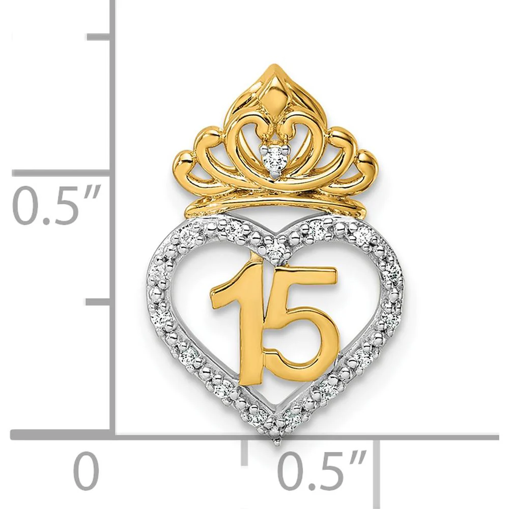 14K Two-Tone Gold 1/15 Carat Diamond Quinceañera Heart Pendant with Crown by Oro Pregiato - Image 4