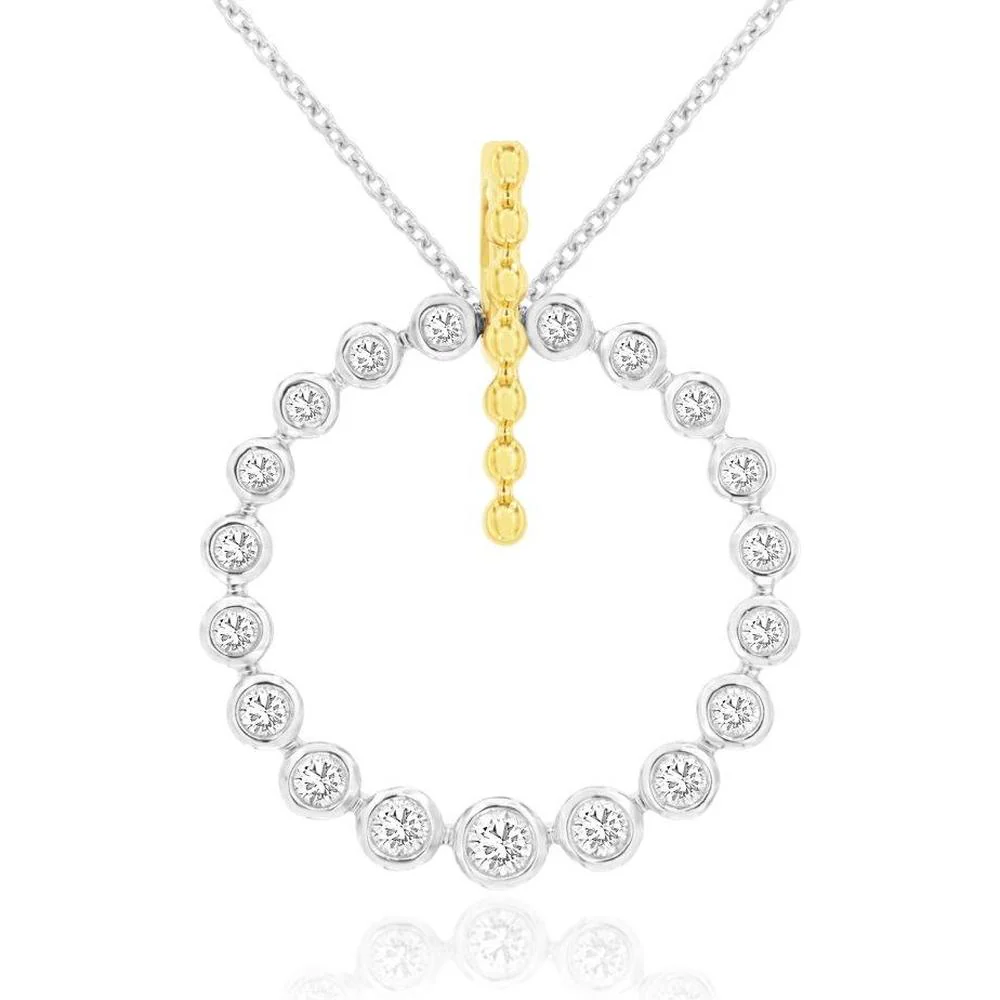 14K Two-Tone Gold Circle Pendant with Bezel Set Round Diamonds - 0.32 Carat Total Diamond Weight - Royal Jewelry