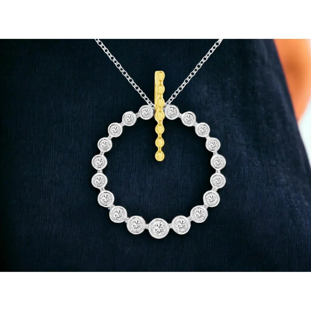 14K Two-Tone Gold Circle Pendant with Bezel Set Round Diamonds - 0.32 Carat Total Diamond Weight - Royal Jewelry - Image 2