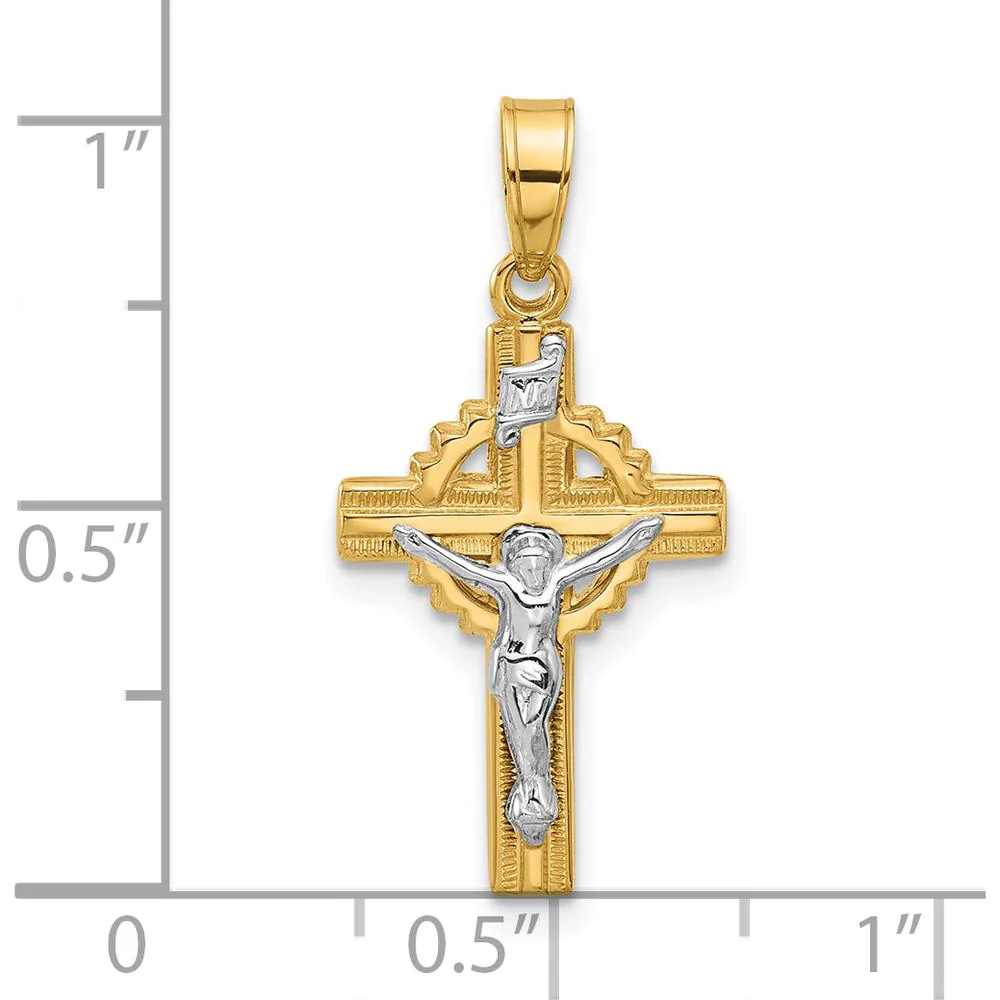 14K Two-Tone Gold Hollow INRI Iona Crucifix Pendant with Rhodium Finish - 24.9mm Length by Oro Pregiato - Image 4