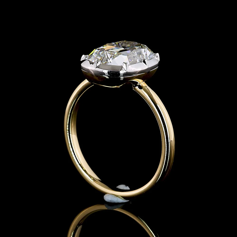 14K Two Tone Gold North-South Antique Cushion Cut Lab Diamond Solitaire Ring - 4.21 Carat Total Diamond Weight, E Color VVS2 Clarity - Covaloro Fine Jewelry - Image 3