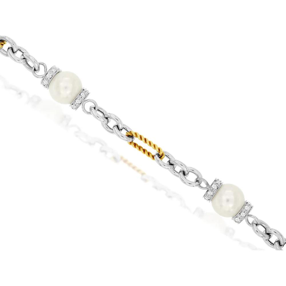 14K Two-Tone Gold Pearl and Diamond Station Bracelet with 0.39 Carat Round Brilliant Diamonds - Royal Jewelry