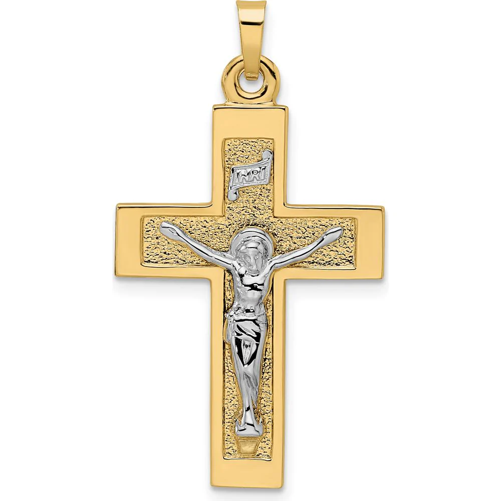 14K Two-Tone Gold Solid INRI Crucifix Pendant - 36mm Length by Oro Pregiato